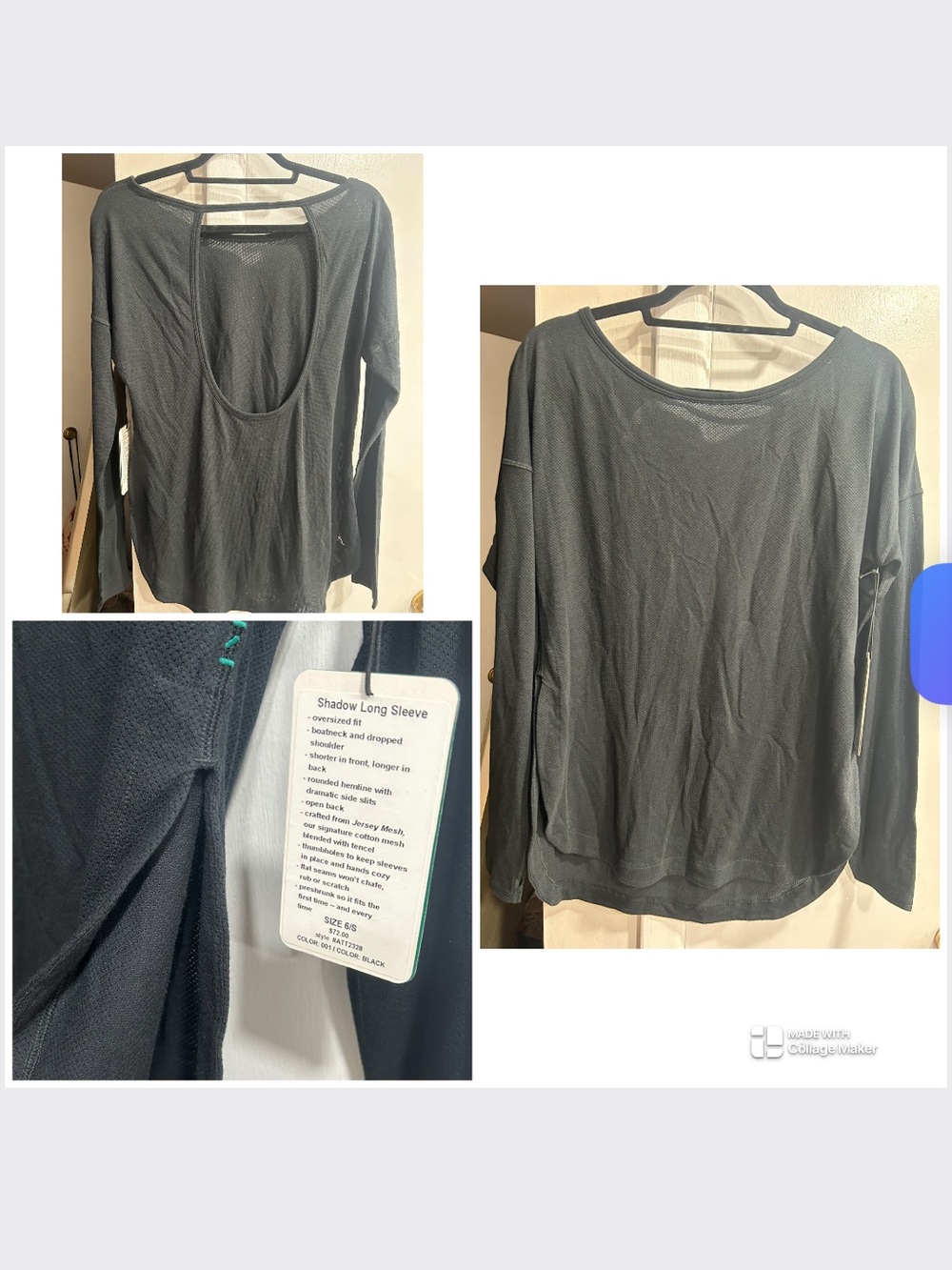 Nancy Rose Performance Shadow Black Oversized Boatneck Jersey Mesh Long Sleeve